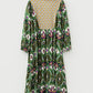 Green Plus Size Mixed Floral Patchwork V Neck Bracelet Sleeve Maxi Dress