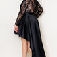 Black Plus Size Sheer Lace Splice High Low Satin Dress