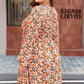 Beige Plus Size Floral Print V Neck Long Sleeve Babydoll Short Dress