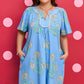 Sky Blue Plus Periwinkle Floral Printed Short Sleeve Striped Trim Split Neck Mini Dress