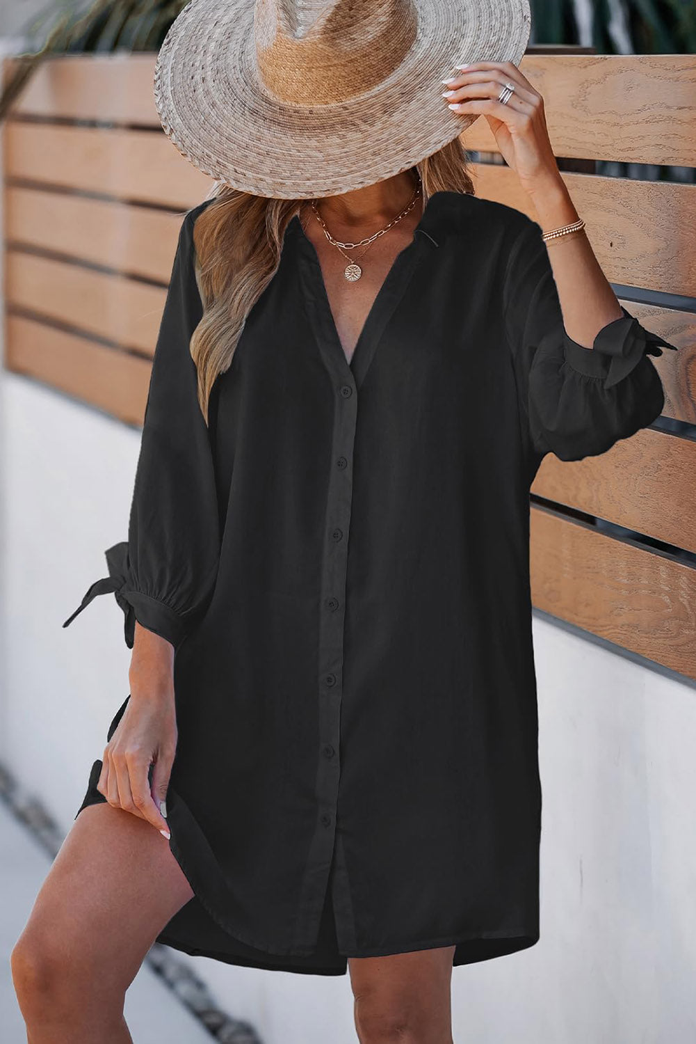 Black Plus Size Tie Cuffs V Neck Shirt Dress