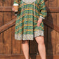 Green Plus Size Mixed Floral Print Striped Trim Loose Mini Dress