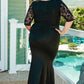 Black Lace Patchwork 3/4 Sleeve Pleated Plus Size Dress