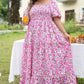 Pink Plus Size Floral Print Smocked Puff Sleeve Dress