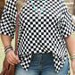 Black Checkered Print Side Slits O Neck Plus Size T Shirt