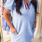 Beau Blue Contrast Striped Trim Zipped Stand Collar Textured Puff Sleeve Plus Size T Shirt Dress