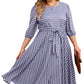 Gray Striped Tie Waist 3/4 Sleeve Plus Size Dress