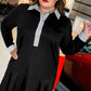 Black Plus Size Striped Cuffs Polo Collar Patchwork Long Sleeve Ruffle Hem Dress