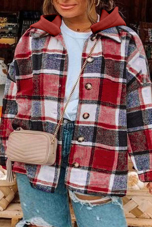 Red Printed Plus Size Plaid Button up Hooded Jacket