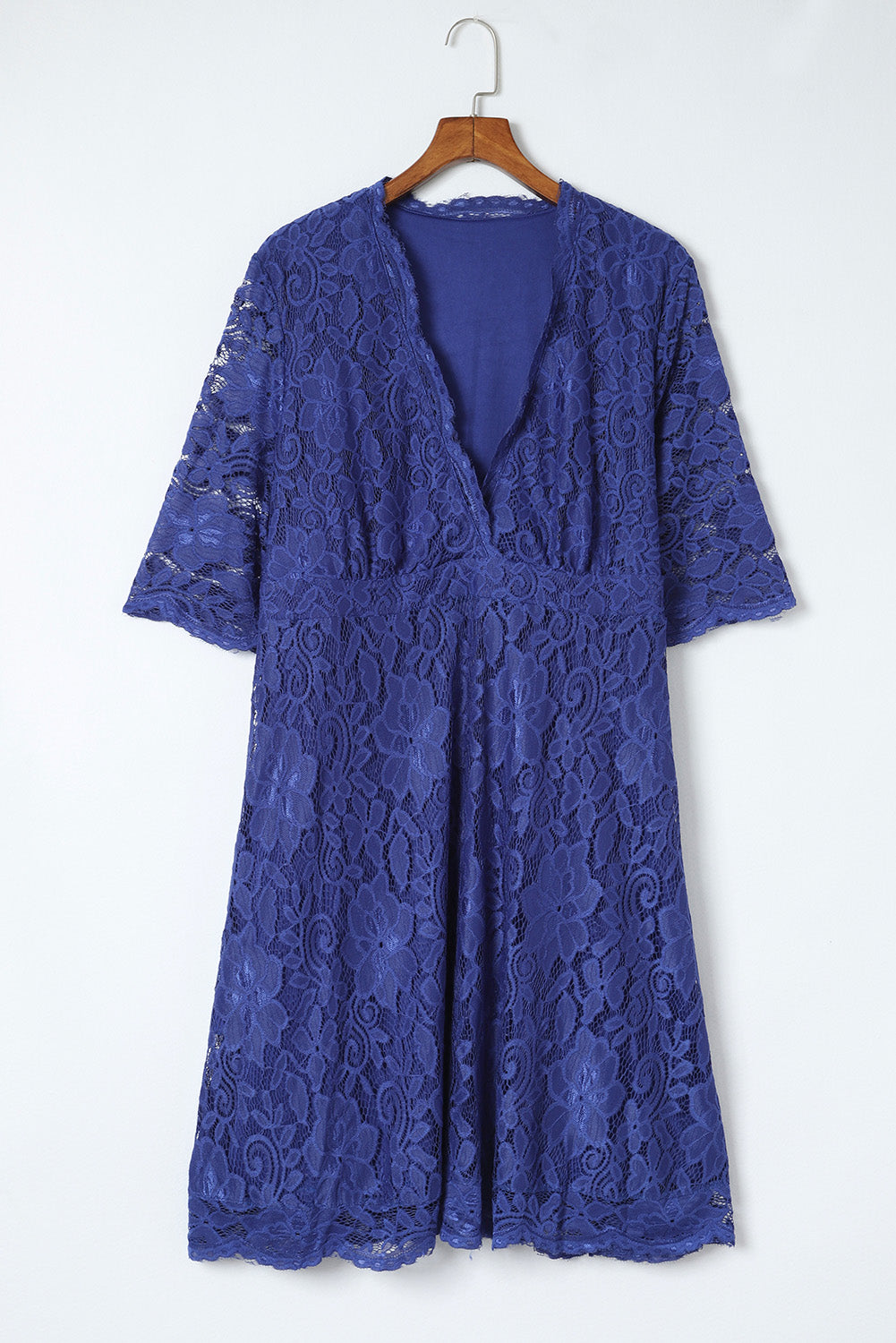 Blue Plus Size Half Sleeve Lined Lace Midi Dress