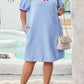 Beau Blue Contrast Striped Trim Zipped Stand Collar Textured Puff Sleeve Plus Size T Shirt Dress