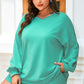 Sea Green Drop Shoulder V Neck Pullover Top and Drawstring Short Plus Size Set