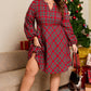Red Plus Size Plaid Half Button Long Sleeve Holiday Dress