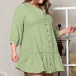 Green Textured Ruffled Buttoned V Neck Plus Size Mini Dress