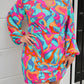 Multicolor Plus Size Abstract Print Pleated Surplice Long Sleeve Dress