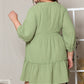 Green Textured Ruffled Buttoned V Neck Plus Size Mini Dress