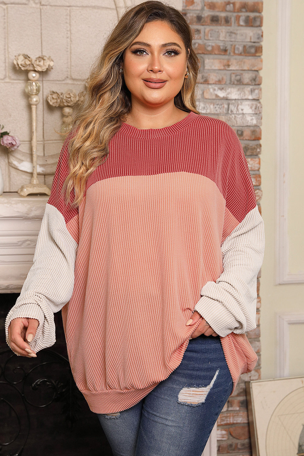 Mineral Red Plus Size Ribbed Colorblock Long Sleeve Top