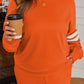 Orange Plus Size Varsity Striped Drop Shoulder Pullover Drawstring Elastic Waistband Short Set