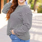 Black Stripe Drop Shoulder Puff Long Sleeve O Neck Plus Size T Shirt