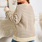 Khaki Stripe Plus Size V Neck Drop Shoulder Sweater