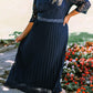 Blue Lace Scalloped V Neck 3/4 Sleeves Pleated Tulle Plus Maxi Dress