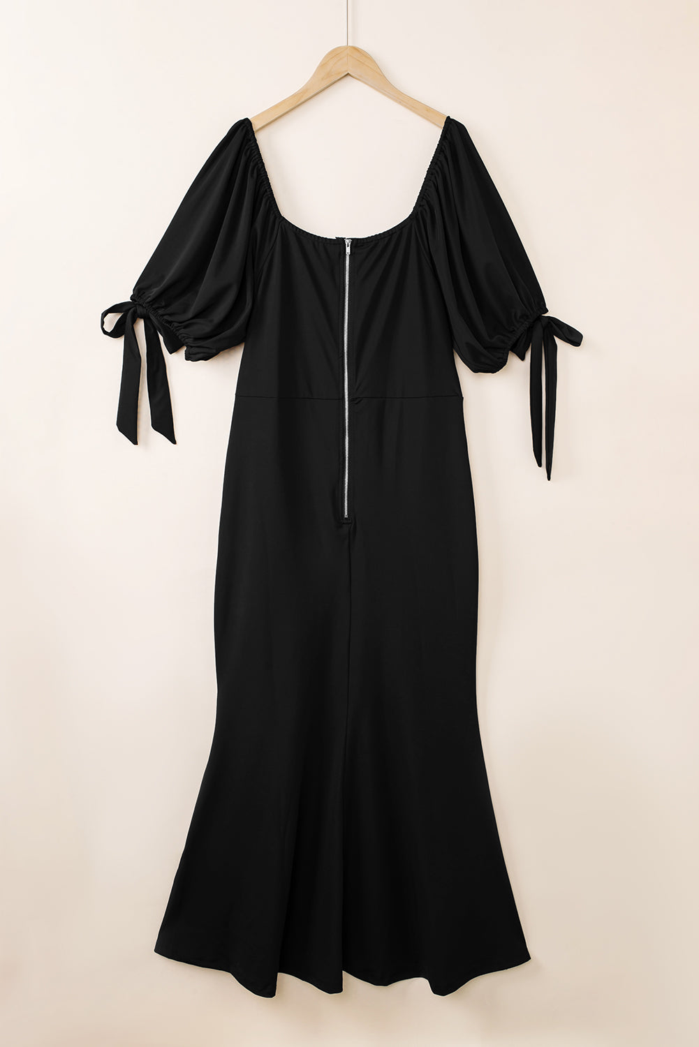 Black Bow Tie Puff Sleeve Plus Size High Slit Maxi Dress