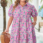 Pink Plus Size Floral Half Button Short Puff Sleeve A-line Dress