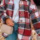 Red Printed Plus Size Plaid Button up Hooded Jacket