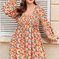 Beige Plus Size Floral Print V Neck Long Sleeve Babydoll Short Dress