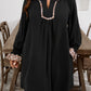 Black Plus Size Notched Neck Leopard Trim Flounce Long Sleeve Shift Dress