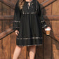 Black Plus Size Long Sleeve Leopard Contrasted Trim Tie Neck Flared Mini Dress