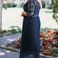 Blue Lace Scalloped V Neck 3/4 Sleeves Pleated Tulle Plus Maxi Dress