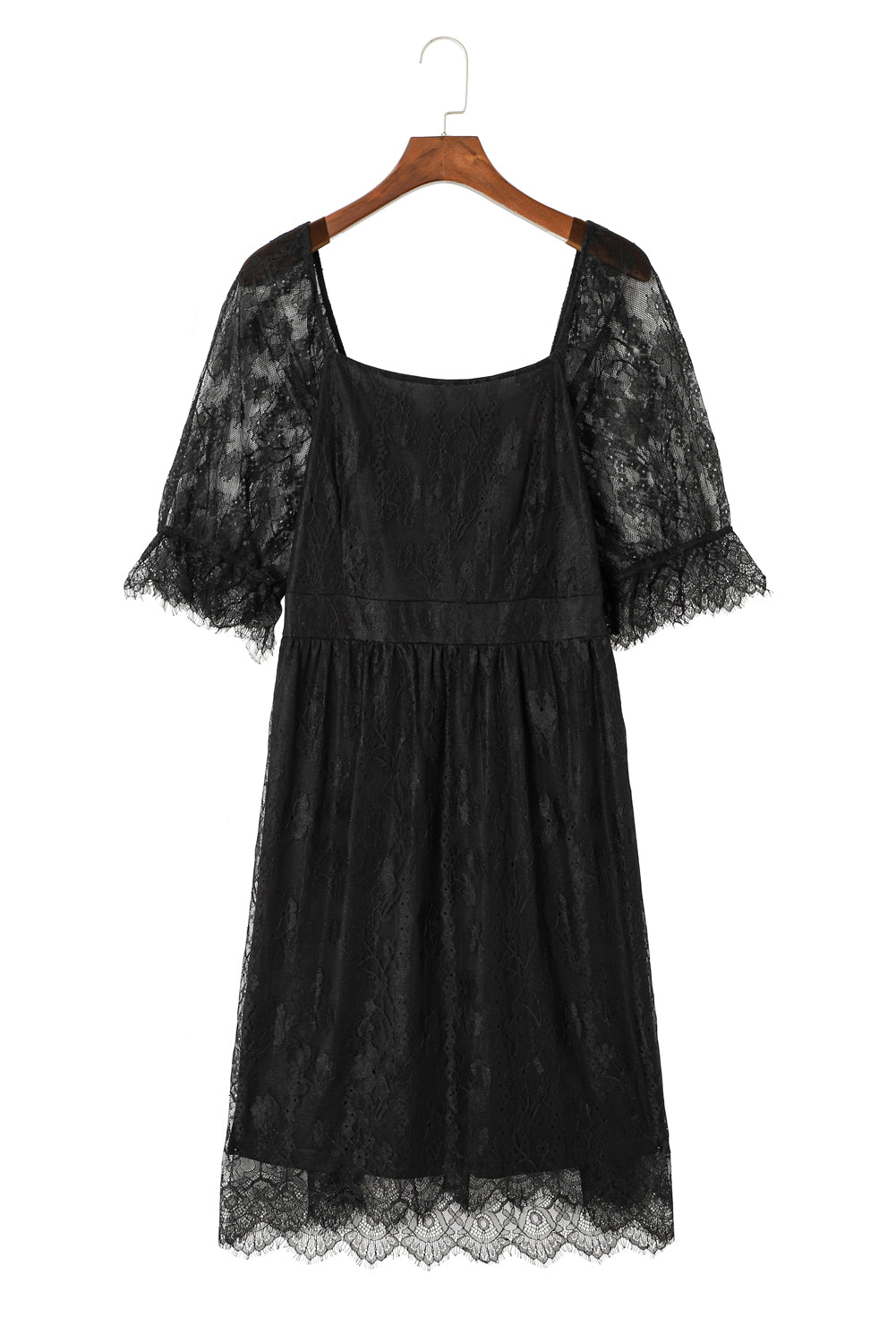 Black Eyelash Lace Square Neck Plus Size Dress