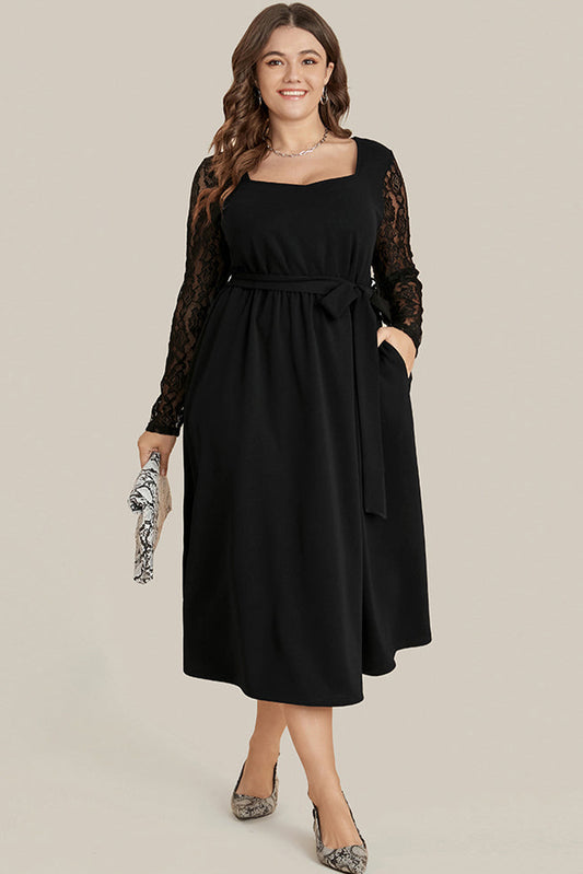 Black Plus Size Sheer Lace Sleeve Belted Ruffle Midi Dress