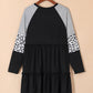 Black Plus Size Striped Leopard Patch Sleeve Ruffle Tiered Dress