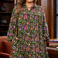 Green Plus Size Floral Print Collared V Neck Loose Mini Dress