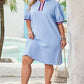 Beau Blue Contrast Striped Trim Zipped Stand Collar Textured Puff Sleeve Plus Size T Shirt Dress