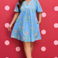Sky Blue Plus Periwinkle Floral Printed Short Sleeve Striped Trim Split Neck Mini Dress