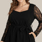 Black Plus Size Sheer Lace Sleeve Belted Ruffle Midi Dress