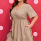 Dark Khaki Plus Size Textured Ruffled Short Sleeve Dress