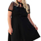 Black Plus Size Collared Mesh Yoke Fit Flare Dress