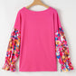 Bright Pink Floral Patchwork Flounce Sleeve Rib Knit Plus Top