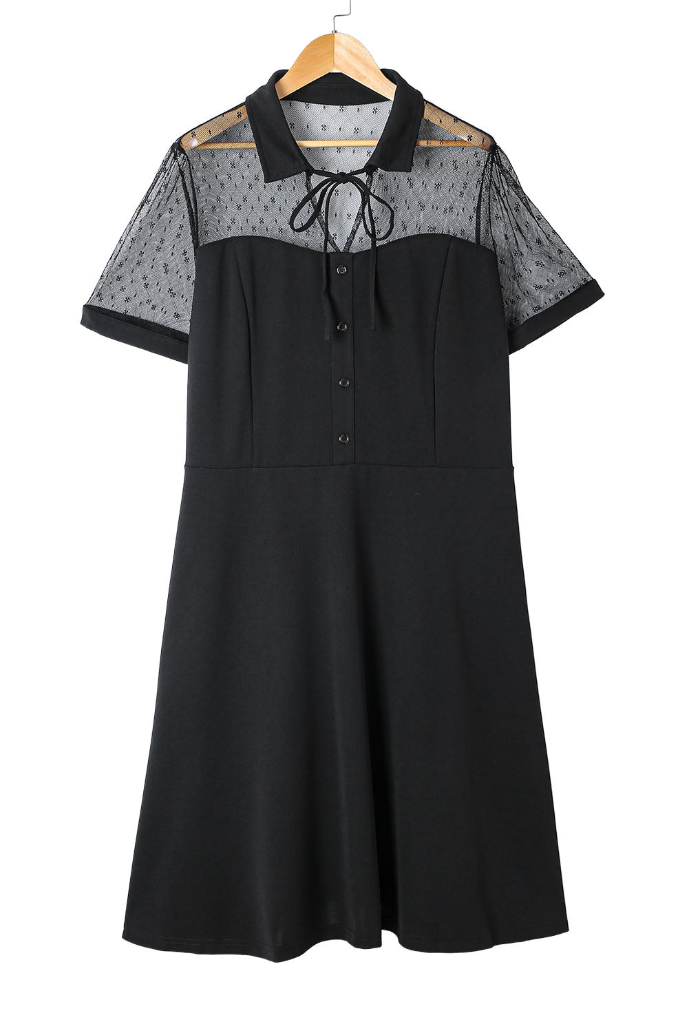 Black Plus Size Collared Mesh Yoke Fit Flare Dress