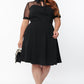 Black Plus Size Collared Mesh Yoke Fit Flare Dress