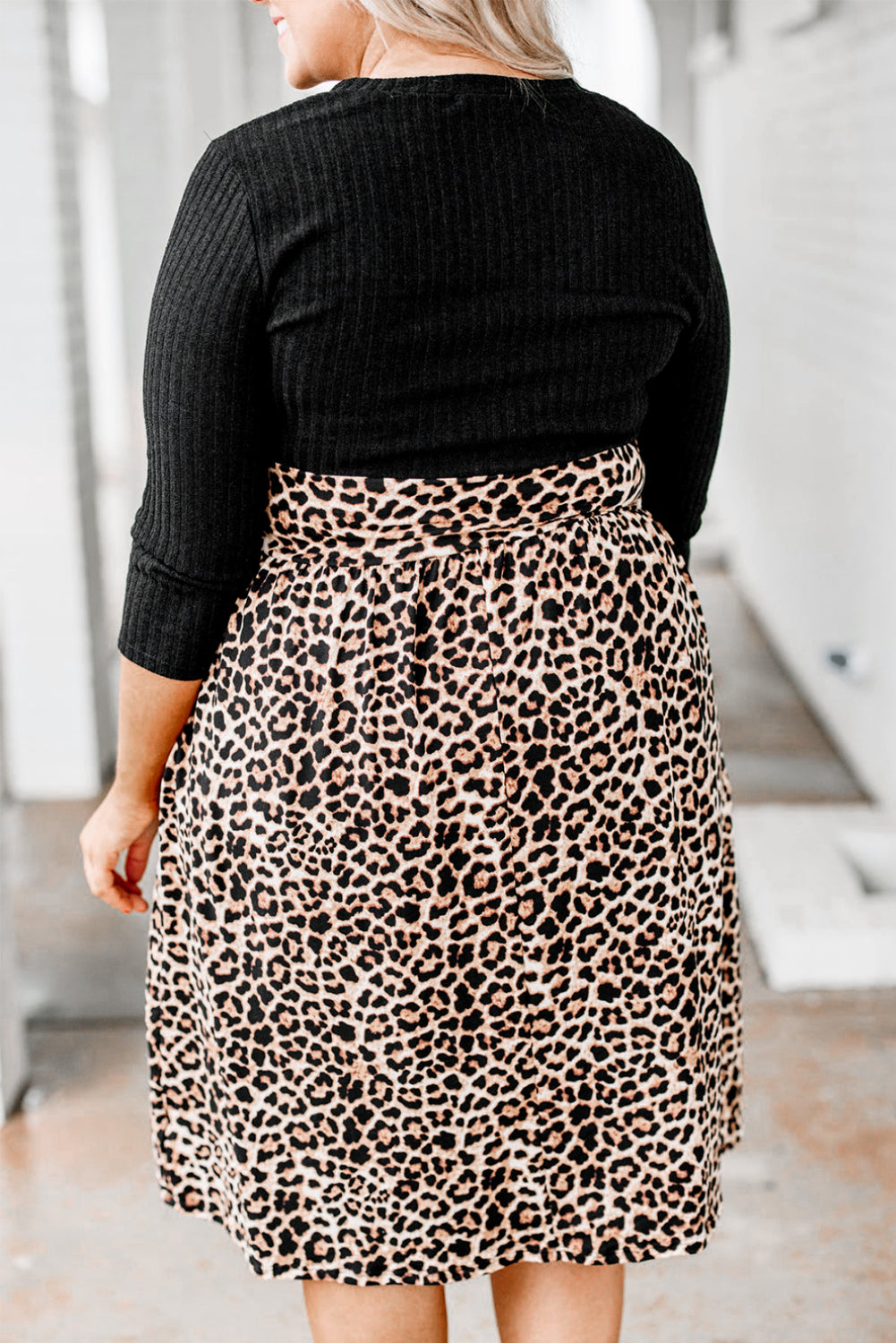 Black Ribbed Knit Leopard Plus Size Midi Dress