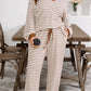 Khaki Stripe Plus Size Collared V Neck Loose Pullover Drawstring Elastic Waist Wide Leg Pant Set