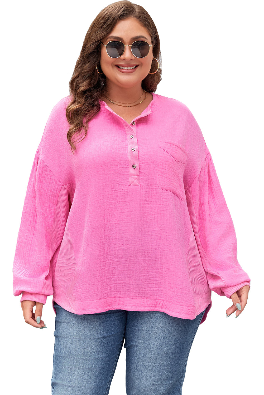 Bonbon Half Buttons Chest Pocket Drop Sleeve Plus Size Top