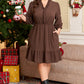 Coffee Plus Size Frilled Trim V Neck Puff Sleeve Textured Mini Dress