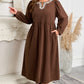 Coffee Embroidered Notched Neckline Textured Pleated High Waist Plus Size Midi Dress