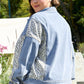 Beau Blue Leopard Patchwork Flap Detail Plus Size Denim Jacket